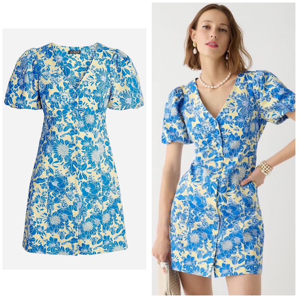 J. Crew Button-front puff-sleeve mini dress blue floral twill Size 4 Preppy